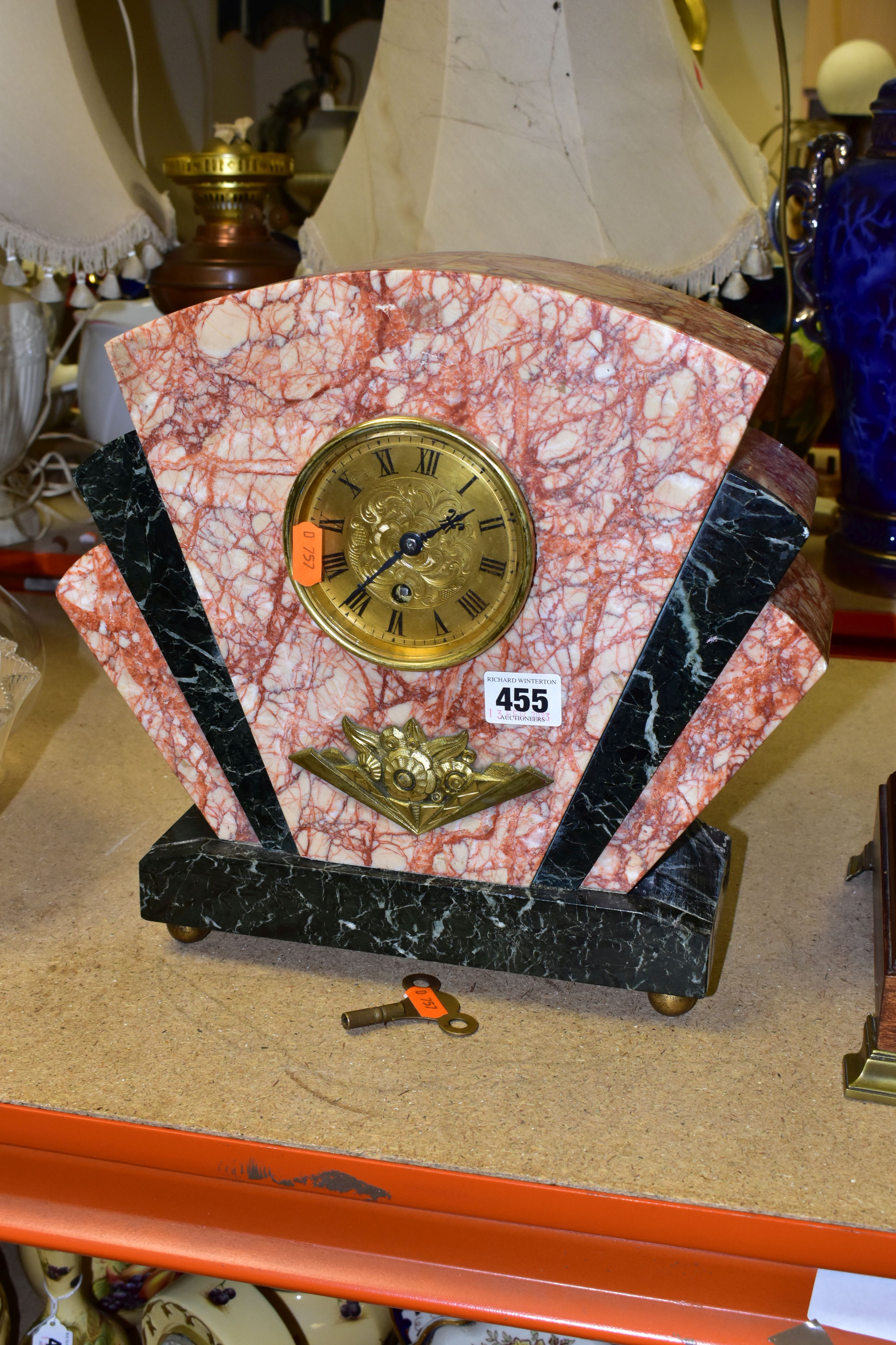 AN ART DECO MARBLE MANTLE CLOCK, the case of geometric fan design, with red and black marble and