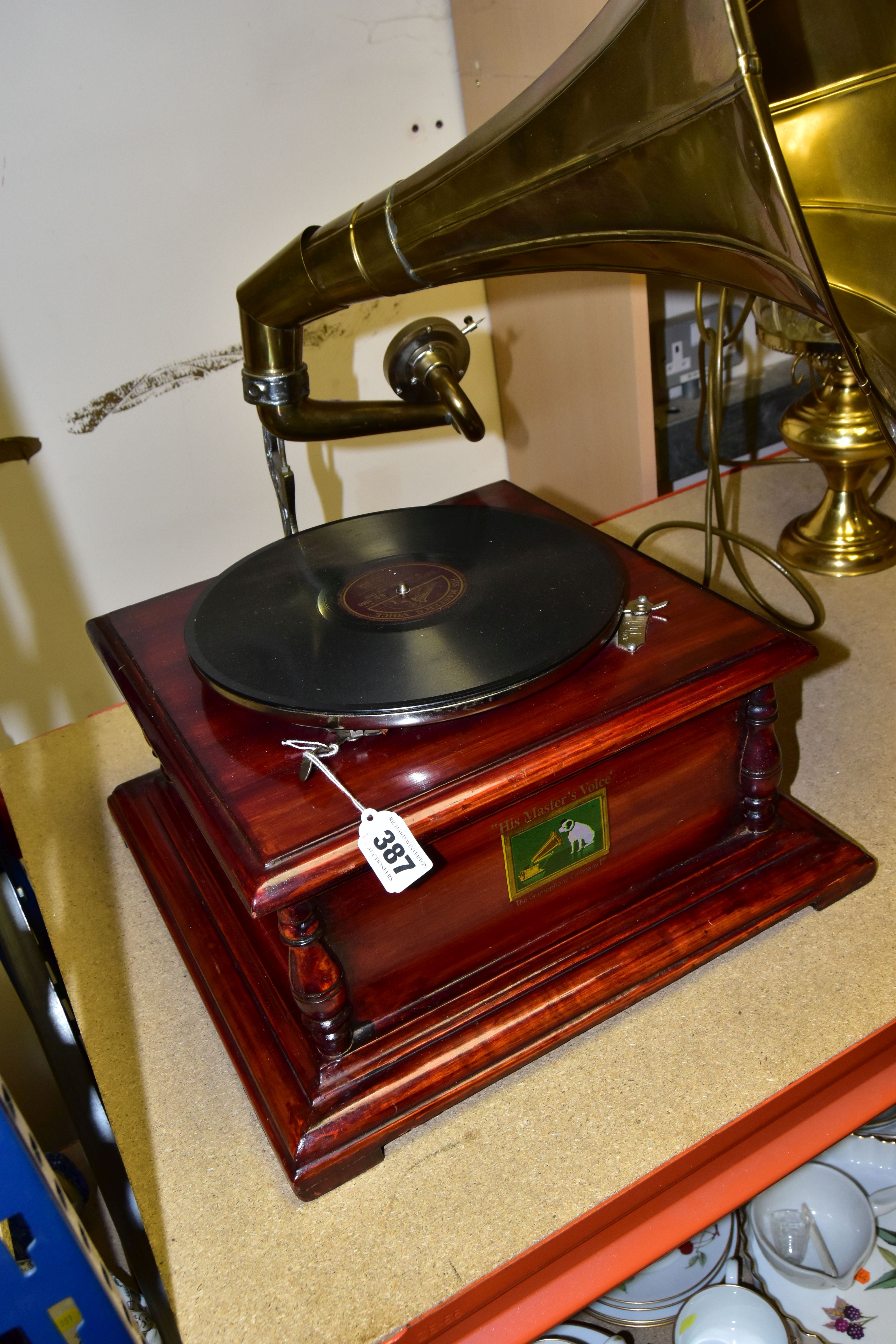 A REPRODUCTION 'HIS MASTER'S VOICE' GRAMOPHONE, wooden hinged base containing mechanism and - Image 4 of 4