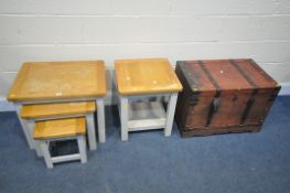 AN PARTIALLY PAINTED AND LIGHT OAK NEST OF THREE TABLES, and a matching lamp table (condition:-