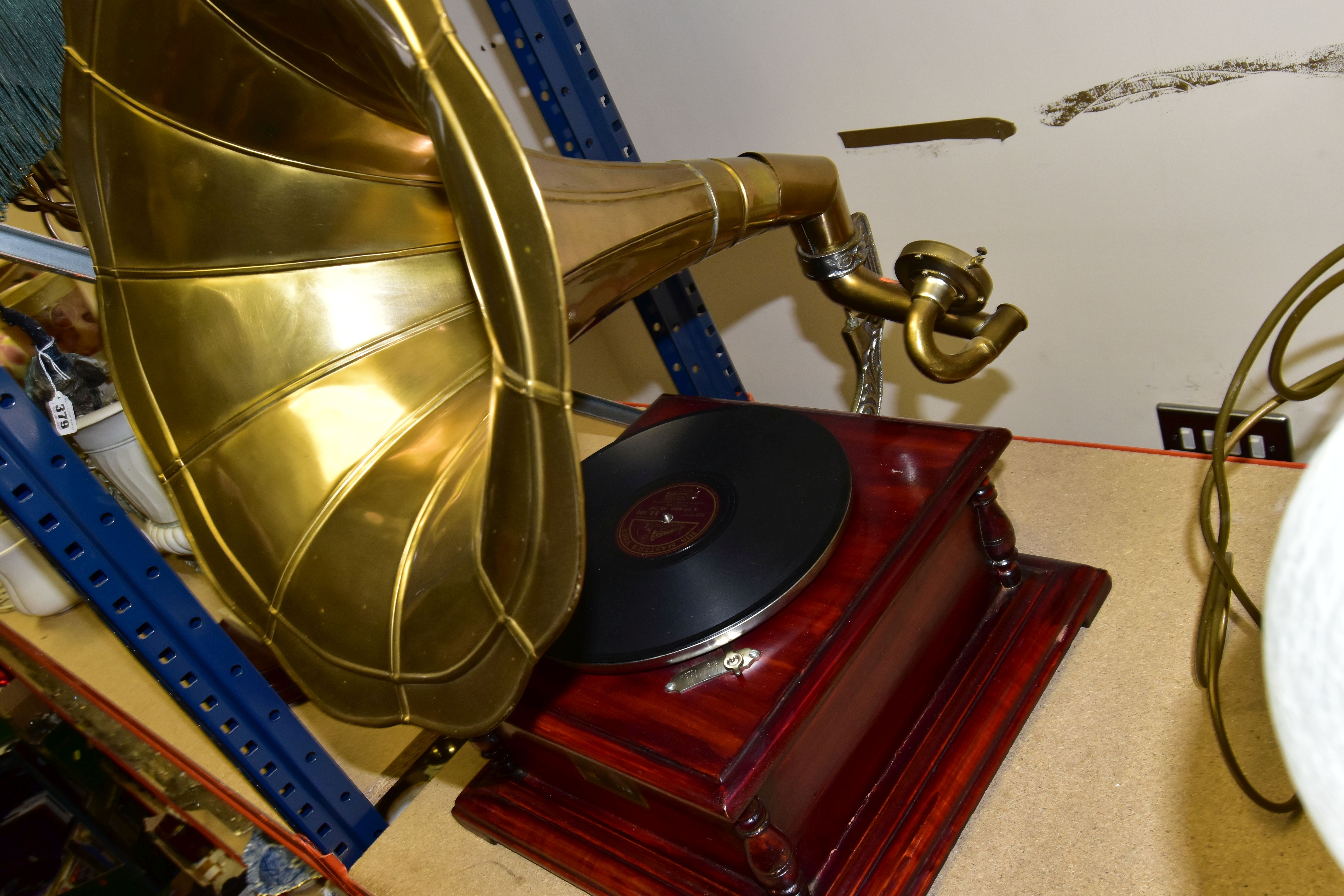 A REPRODUCTION 'HIS MASTER'S VOICE' GRAMOPHONE, wooden hinged base containing mechanism and - Image 3 of 4