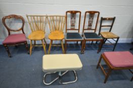 A SELECTION OF CHAIRS, to include a pair of turned elm chairs, pair of Edwardian chairs two other
