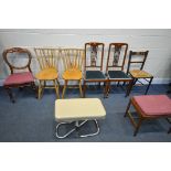 A SELECTION OF CHAIRS, to include a pair of turned elm chairs, pair of Edwardian chairs two other