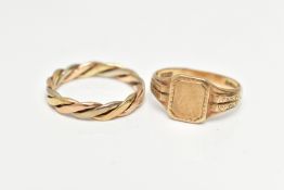 TWO 9CT GOLD RINGS, the first a polished rectangular signet with cut off corners, detailed with a