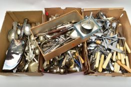 THREE BOXES OF ASSORTED LOOSE CUTLERY, various pieces of loose used cutlery etc
