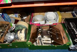 FOUR BOXES AND LOOSE KITCHEN AND TABLE WARES ETC, to include Old Hall stainless steel flat wares,