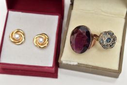 A LARGE DRESS RING, PASTE SET CLUSTER RING AND A PAIR OF EARRINGS, the first ring set with an oval