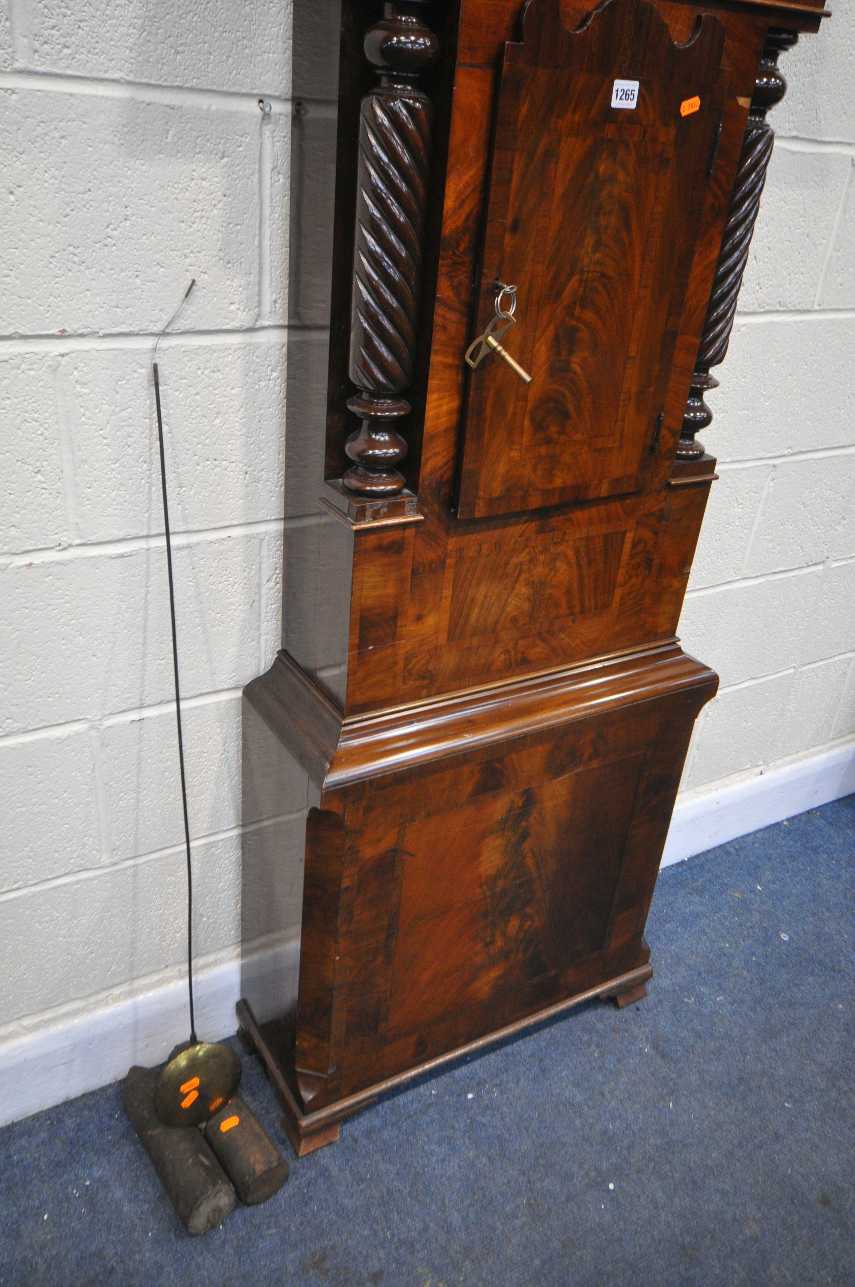 A GEORGIAN FLAME MAHOGANY EIGHT DAY LONGCASE CLOCK, the hood with a swan neck pediment, barley - Image 6 of 8