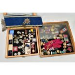 TWO WOODEN DISPLAY TRAYS WITH 'R.A.O.B' MEDALS AND BADGES, various district medals with ribbons,