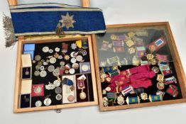 TWO WOODEN DISPLAY TRAYS WITH 'R.A.O.B' MEDALS AND BADGES, various district medals with ribbons,