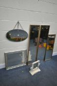 A SELECTION OF MIRRORS, to include three rectangular mirrors, a landscape painted oval mirror, a