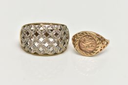 A 9CT GOLD DIAMOND DRESS RING AND A SIGNET RING, the first a wide openwork lattice detailed ring,