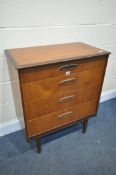 A MID CENTURY TEAK CHEST OF FOUR LONG GRADUATED DRAWERS, on tapered legs, length 77cm x depth 42cm x