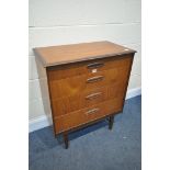 A MID CENTURY TEAK CHEST OF FOUR LONG GRADUATED DRAWERS, on tapered legs, length 77cm x depth 42cm x