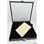 A LARGE JEWELLERY CASE AND TWO RING TRAYS, a square case fitted with a glass hinged lid and lock,