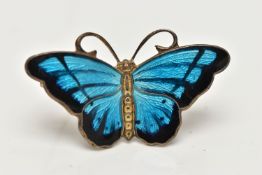 A 'HROAR PRYDZ' BUTTERFLY BROOCH, a silver brooch with light and dark blue enamel detail, fitted