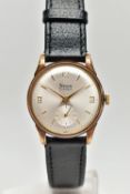 A GENTS 9CT GOLD 'TIMOR' WRISTWATCH, manual wind, round silver dial signed 'Timor, 21 jewels,