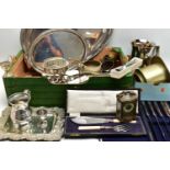 A BOX OF ASSORTED WHITE METAL WARE, to include a large oval tray, a smaller oval tray, an embossed