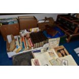 FOUR BOXES OF LP RECORDS, BOOKS AND SUNDRIES, to include a 19th Century family Holy Bible, eight