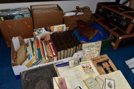 FOUR BOXES OF LP RECORDS, BOOKS AND SUNDRIES, to include a 19th Century family Holy Bible, eight