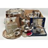 A BOX OF ASSORTED WHITE METAL WARE, to include a large punch bowl, a pair of glass decanters with