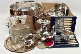 A BOX OF ASSORTED WHITE METAL WARE, to include a large punch bowl, a pair of glass decanters with