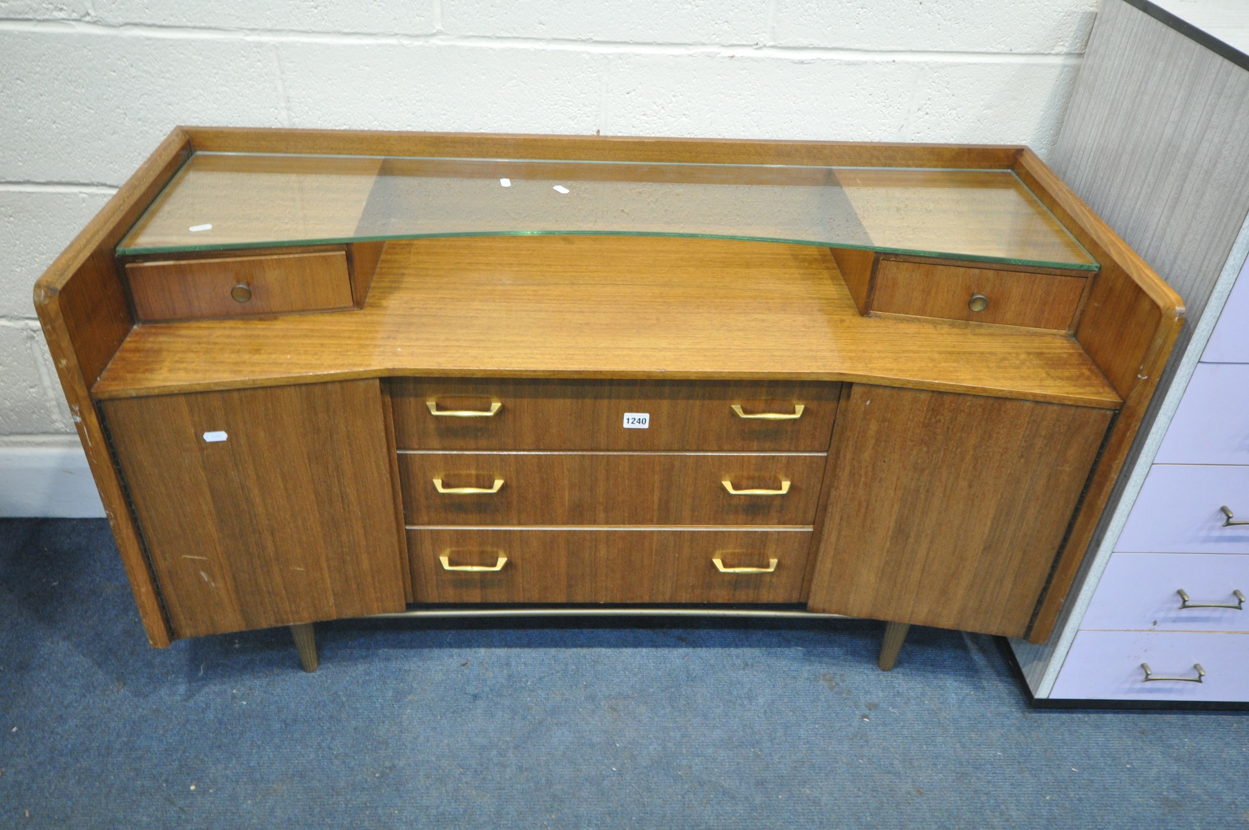 A MID CENTURY LEBUS AFROMOSIA TEAK SIDEBOARD, with a glass shelf, width 122cm x depth 48cm x - Image 2 of 4