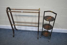 A BEECH TOWEL RAIL (condition:-discoloured finish) and an oak folding cake stand (2)