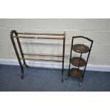 A BEECH TOWEL RAIL (condition:-discoloured finish) and an oak folding cake stand (2)