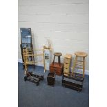 A SELECTION OF OCCASIONAL FURNITURE, to include a beech high stool, beech towel rail, three rustic