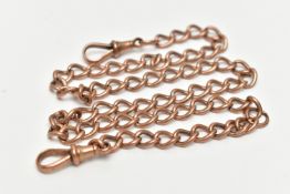 AN EARLY 20TH CENTURY 9CT GOLD WATCH CHAIN, of curb link design with lobster claw clasps to either