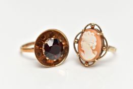 TWO 9CT GOLD GEM SET RINGS, the first a carved shell cameo depicting a lady in profile, four claw