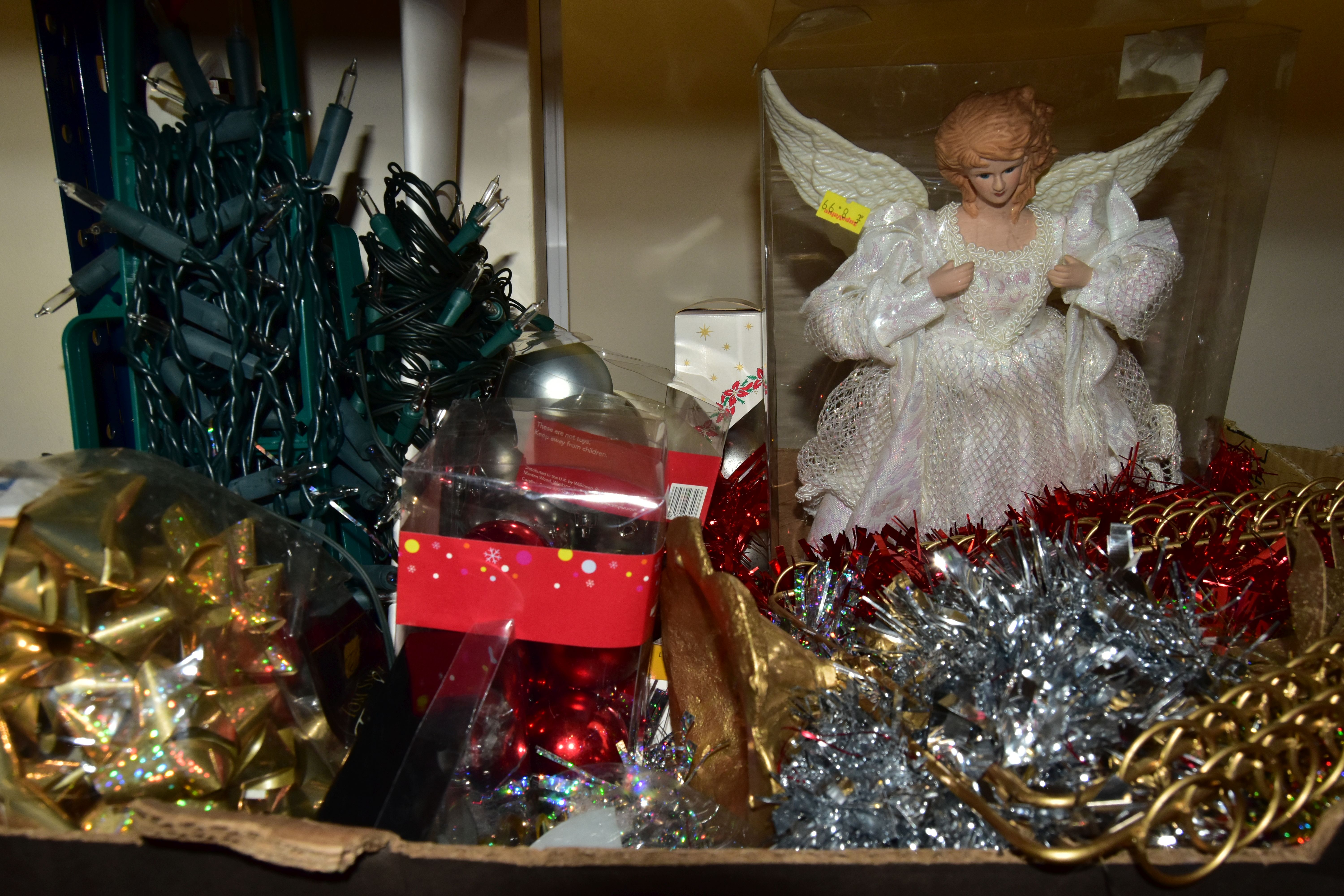 THREE BOXES OF CHRISTMAS DECORATIONS, to include a quantity of baubles, lights, a boxed Christmas - Image 4 of 5