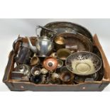 A BOX OF ASSORTED WHITE METAL WARE, to include an oval tray, a pierced oval basket tray with handle,