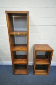 A TALL MANGOWOOD OPEN BOOKCASE, width 49cm x depth 40cm x height 181cm, and a matching smaller