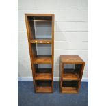 A TALL MANGOWOOD OPEN BOOKCASE, width 49cm x depth 40cm x height 181cm, and a matching smaller