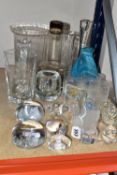 A GROUP OF VINTAGE GLASSWARE, comprising a 1960's Holmegaard smoked glass decanter by Per Lutkin,