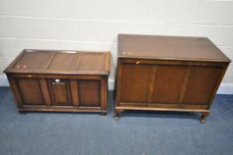 AN OAK LINENFOLD BLANKET CHEST, along with a larger oak blanket chest (condition:-surface wear to