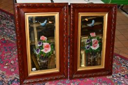 A PAIR OF OAK FRAMED GYPSY MIRRORS, hand painted floral design with butterflies, approximate size