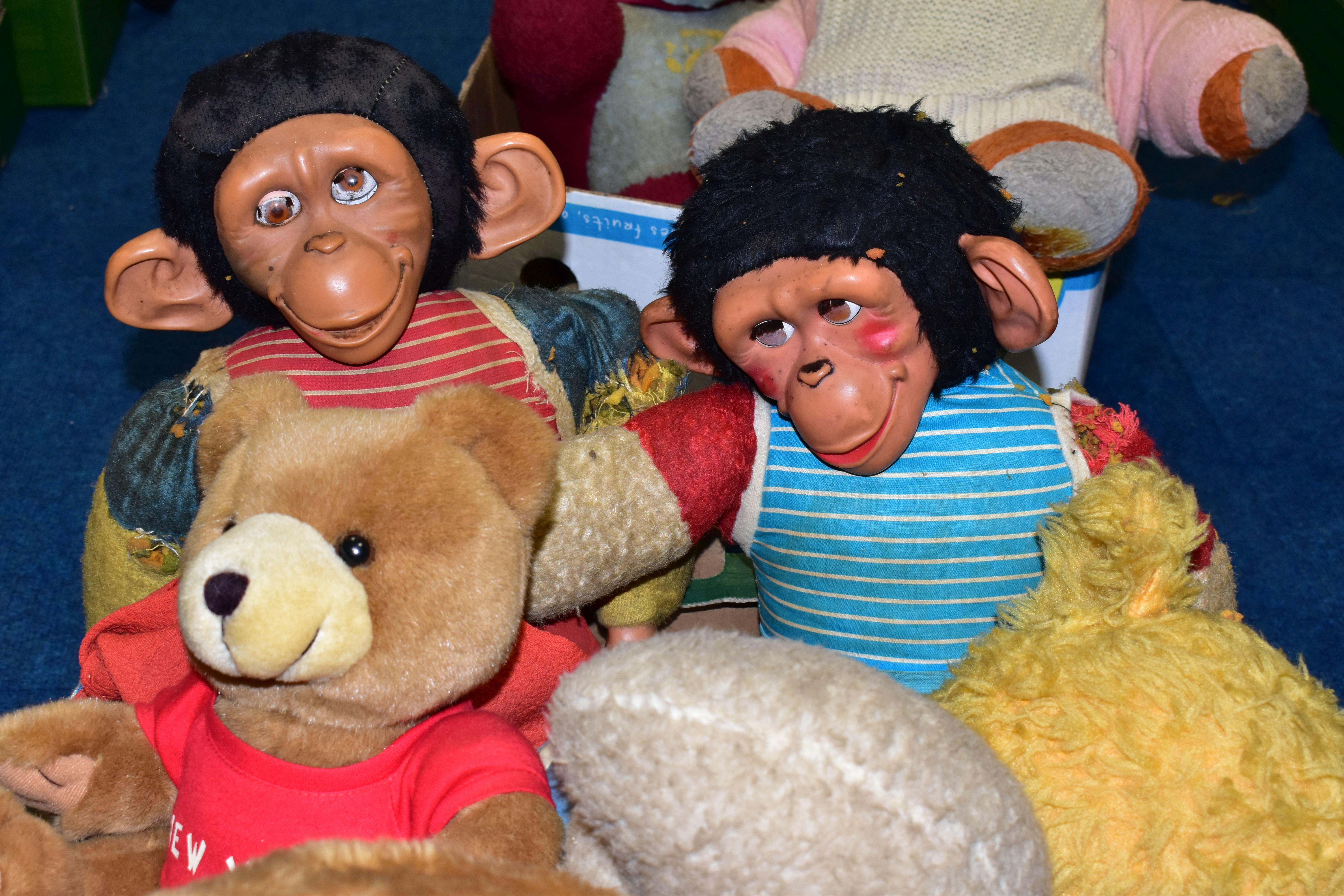 TWO BOXES OF SOFT TOYS, to include two chimpanzee examples, a Smurf, a West Ham United bear, panda - Image 3 of 4