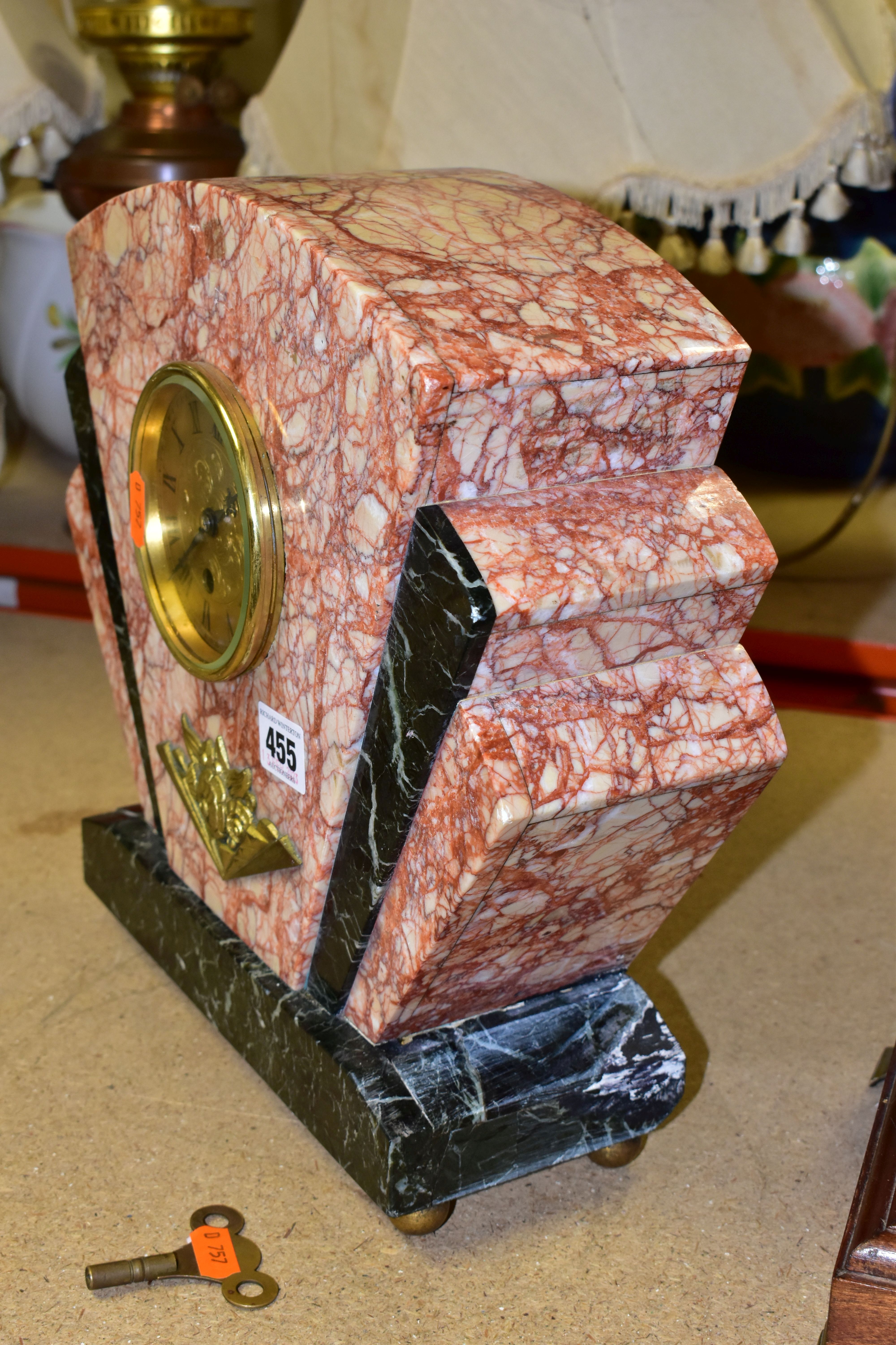 AN ART DECO MARBLE MANTLE CLOCK, the case of geometric fan design, with red and black marble and - Image 3 of 6