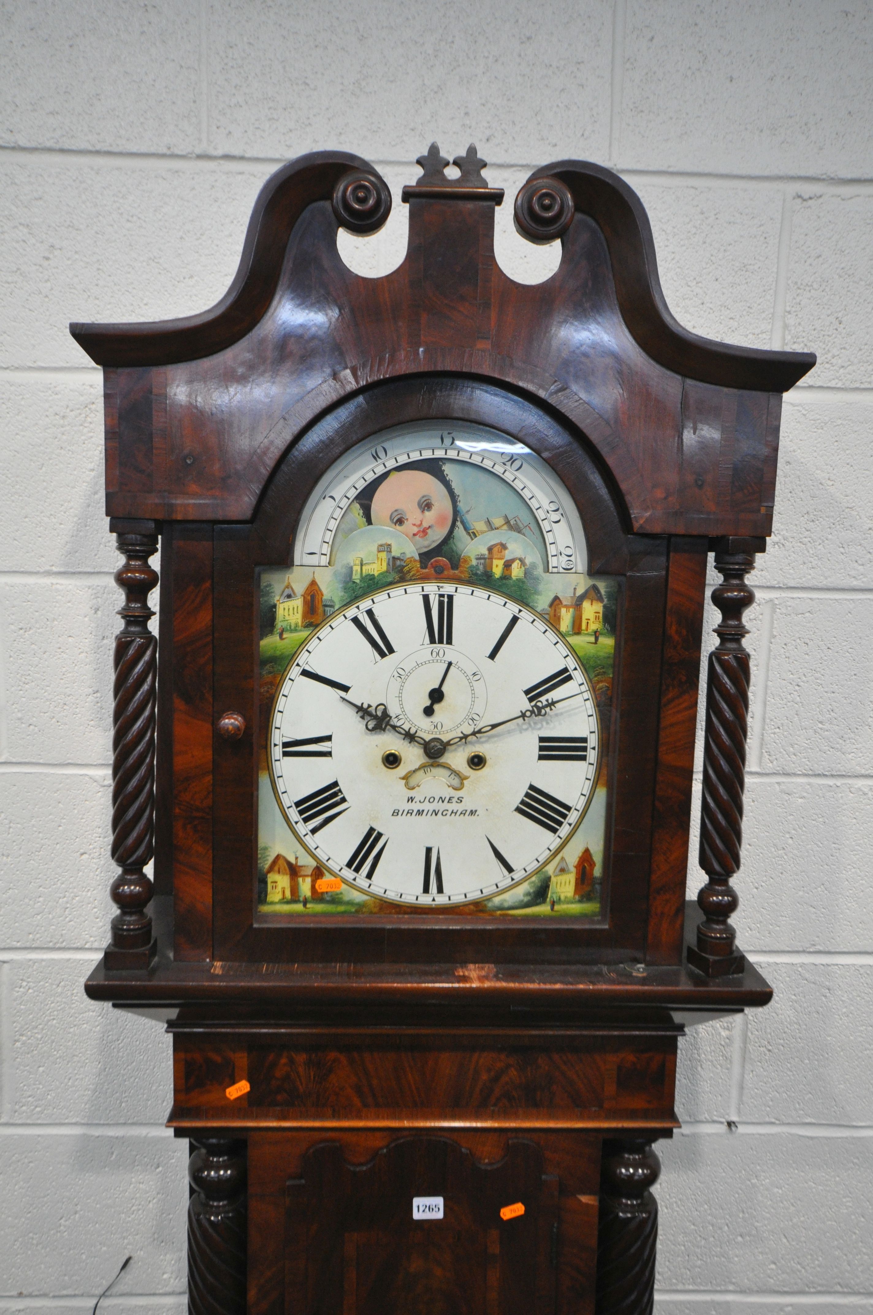 A GEORGIAN FLAME MAHOGANY EIGHT DAY LONGCASE CLOCK, the hood with a swan neck pediment, barley - Image 2 of 8