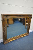 A LARGE 20TH CENTURY FRENCH GILTWOOD BEVELLED EDGE WALL MIRROR, 152cm x 123cm