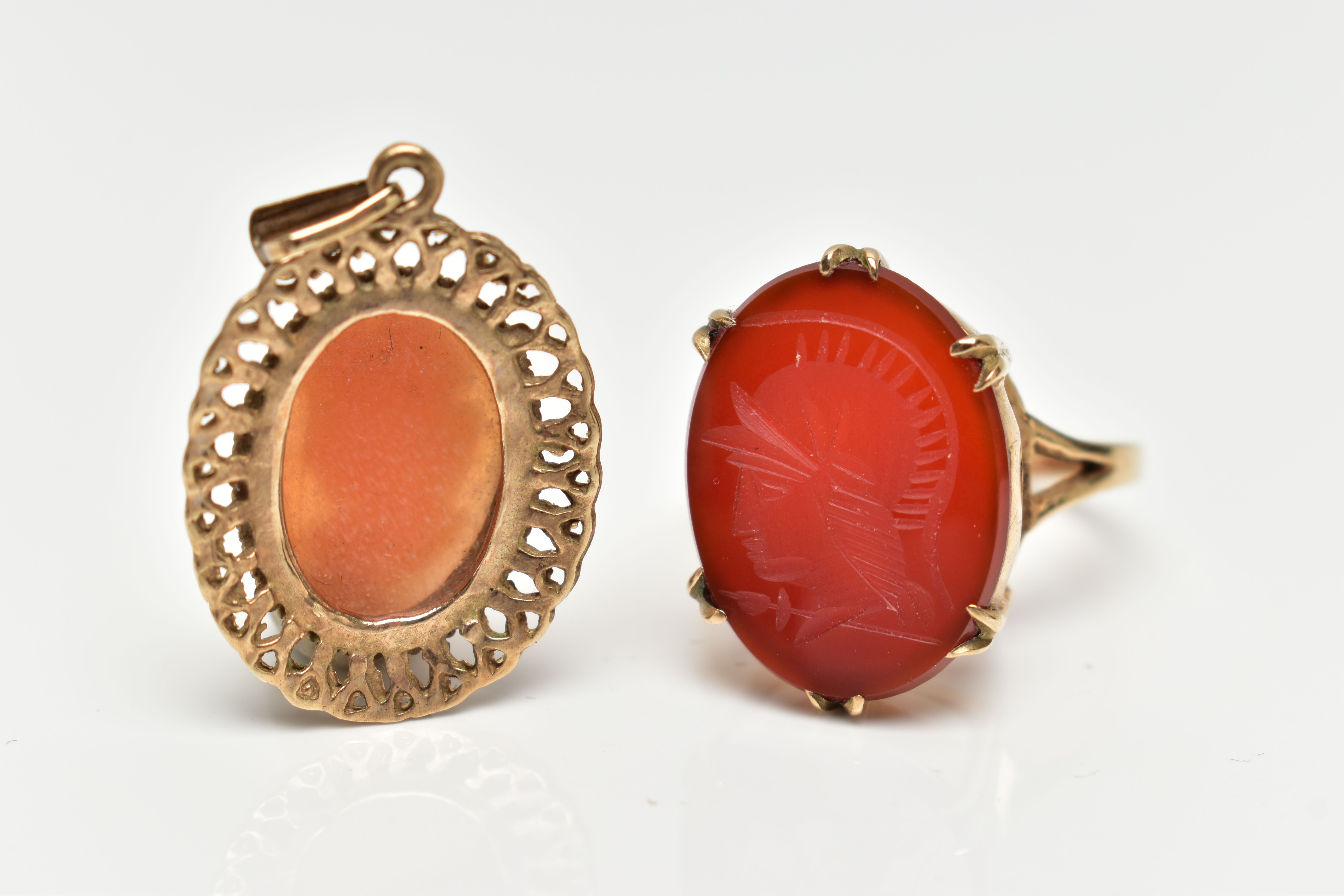 A 9CT GOLD, INTAGLIO RING AND A CAMEO PENDANT, the oval intaglio carnelian, double six claw set to - Image 3 of 3