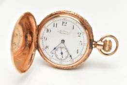 A FULL HUNTER POCKET WATCH, hand wound movement, white dial signed 'American Waltham', Arabic