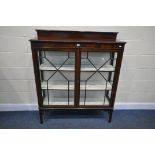 AN EARLY 20TH CENTURY ASTRAGAL GLAZED TWO DOOR DISPLAY CABINET, with a raised back, the doors