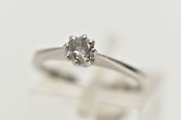A MODERN WHITE METAL DIAMOND SINGLE STONE RING, set with a round brilliant cut diamond, eight claw
