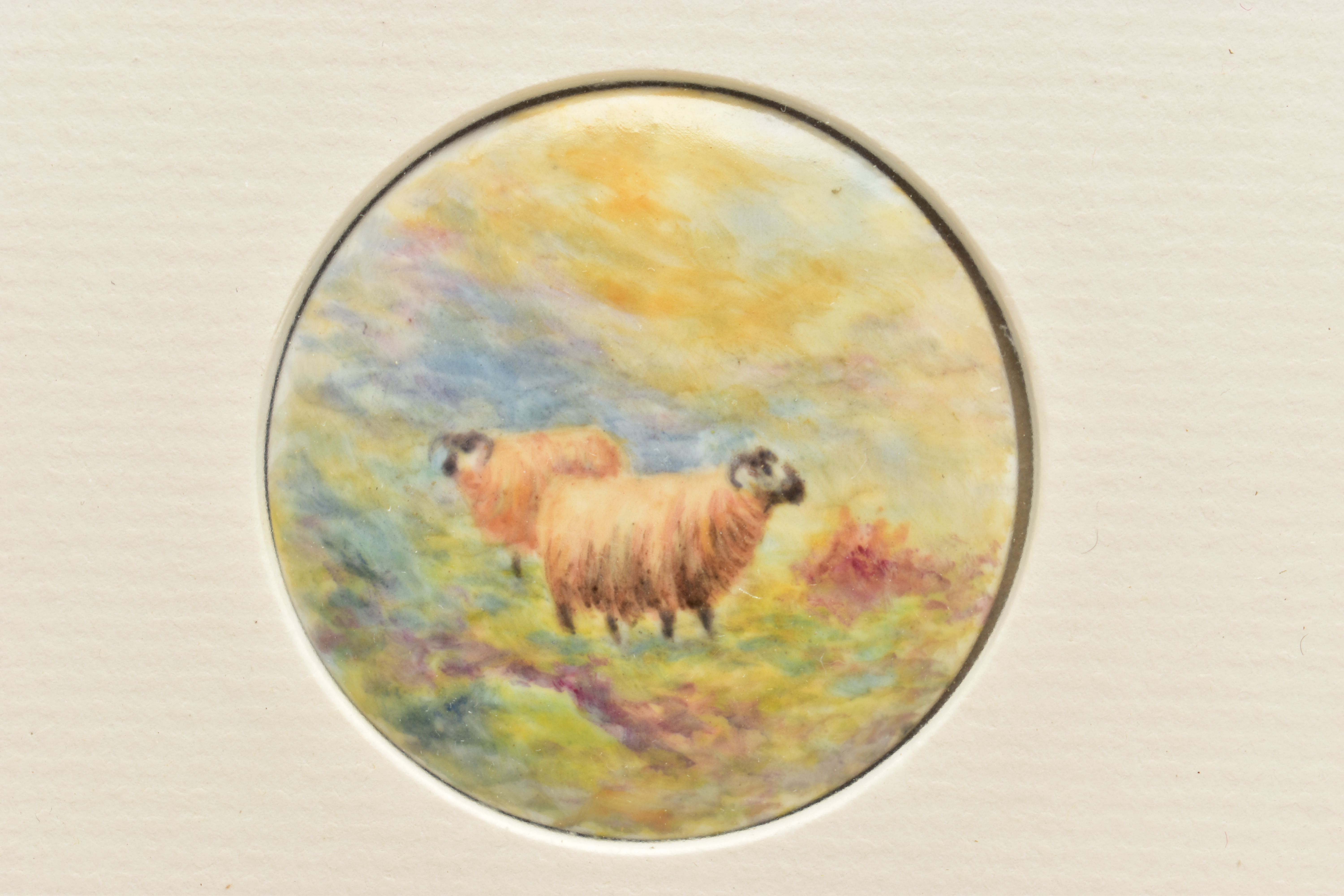 A FRAME CONTAINING TWO 20TH CENTURY CIRCULAR CONVEX PLAQUES HAND PAINTED WITH TWO HIGHLAND CATTLE - Image 4 of 4