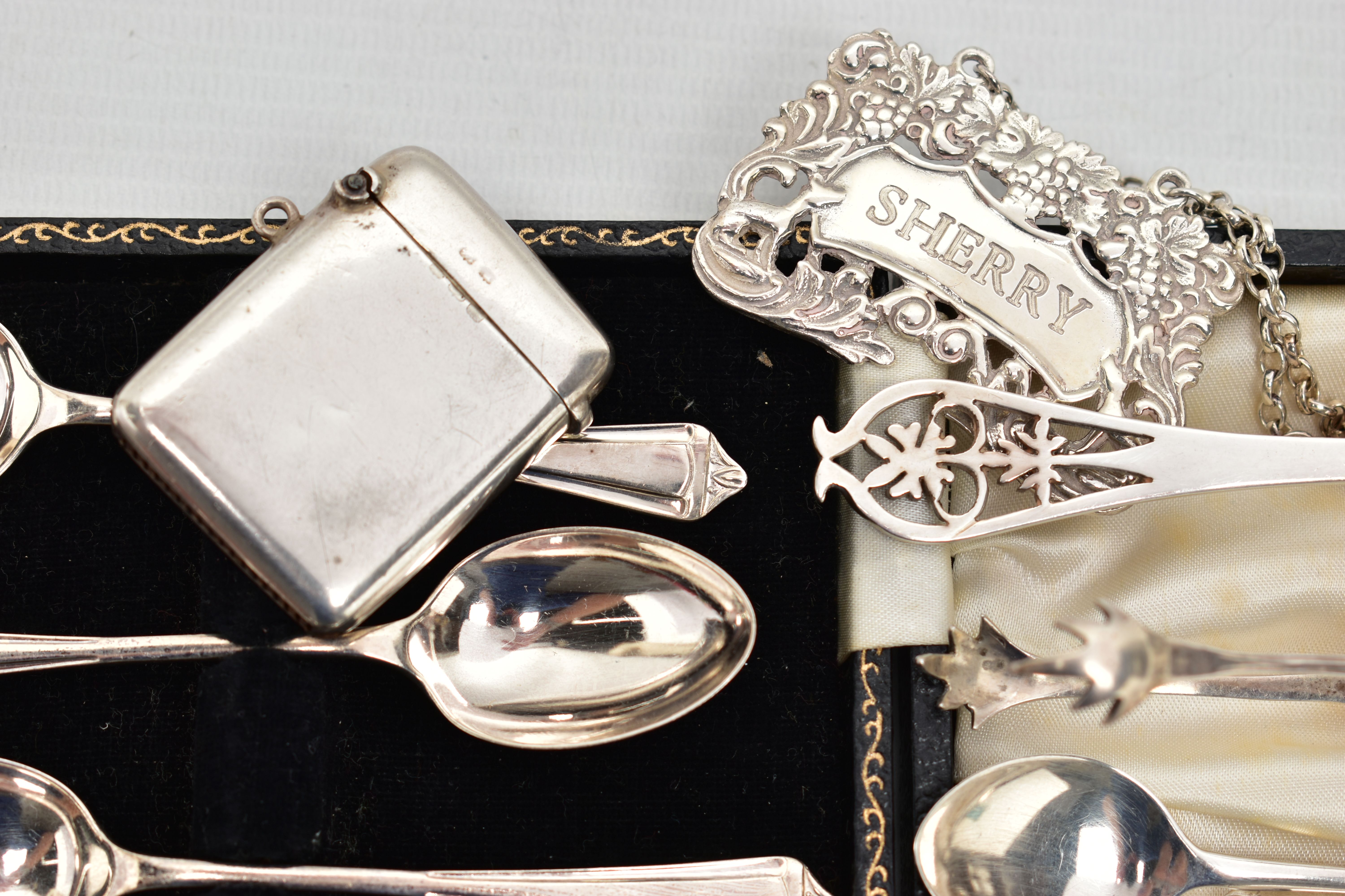 A SMALL PARCEL OF SILVER SPOONS, ETC, comprising a pair of Elizabeth II 'BRANDY' & 'SHERRY' decanter - Image 4 of 7