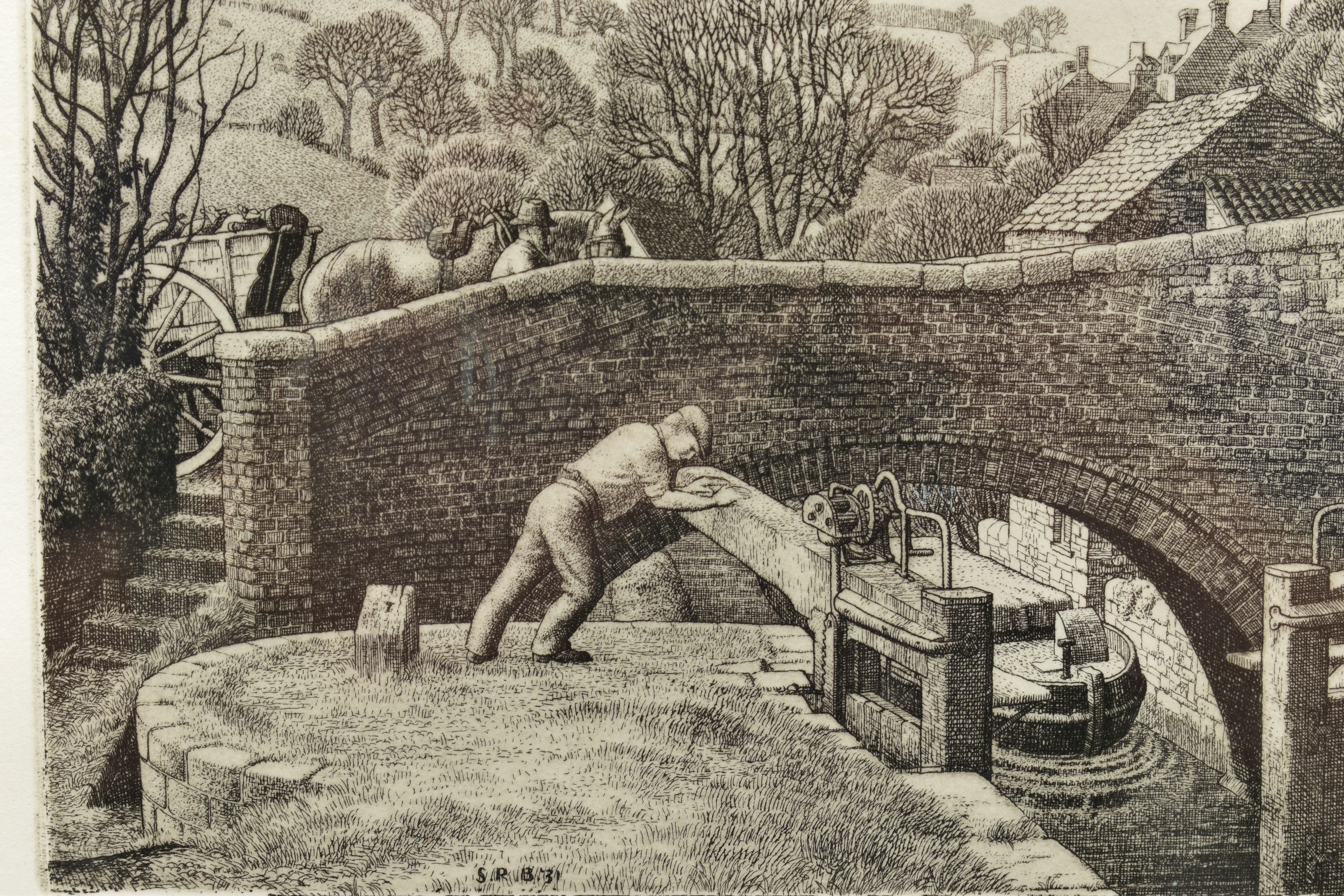 STANLEY ROY BADMIN (BRITISH 1906-1989) 'THE STROUD CANAL', an etching depicting a figure opening a - Image 3 of 5