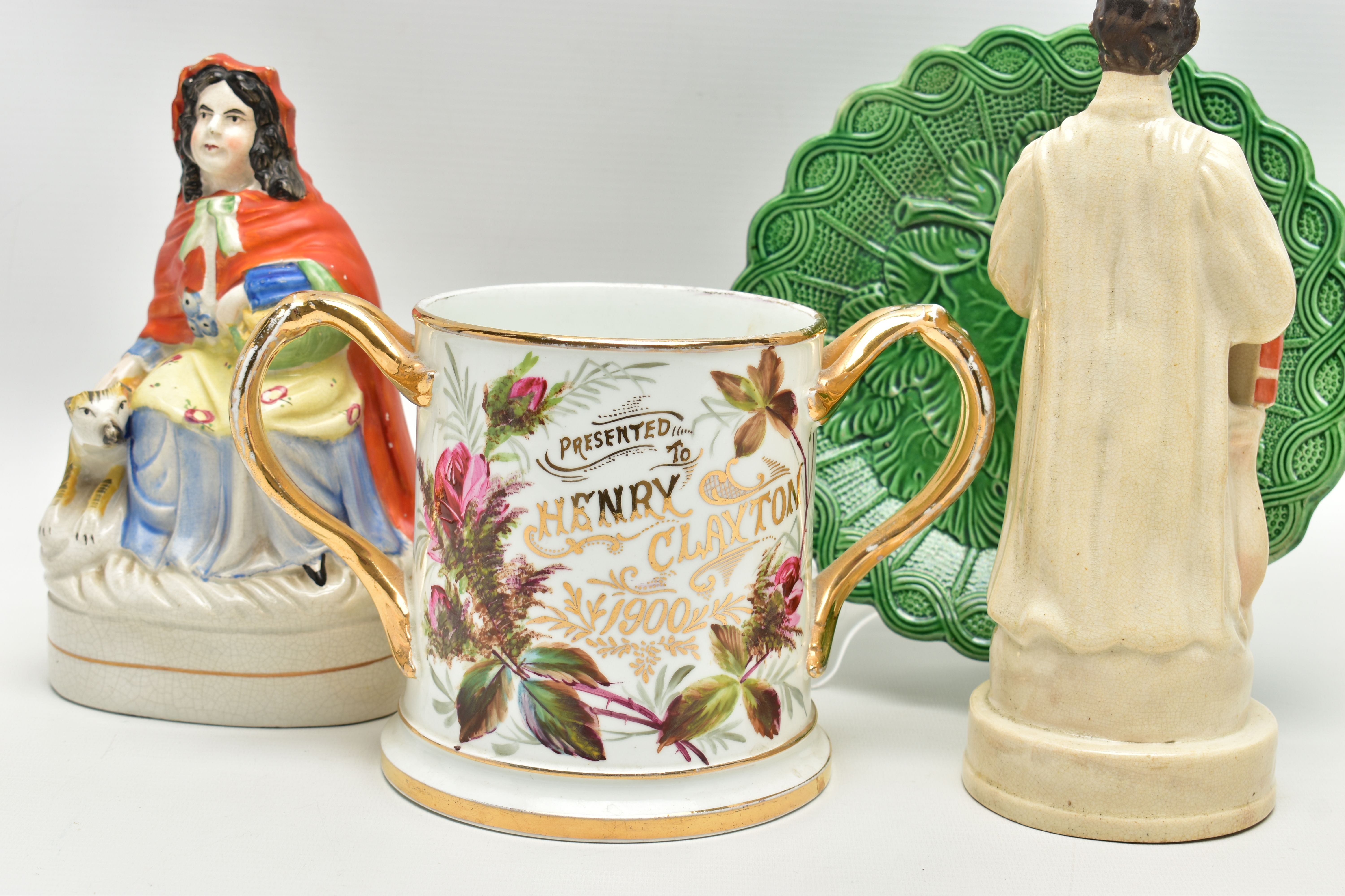 TWO VICTORIAN STAFFORDSHIRE POTTERY FIGURES AND TWO OTHER VICTORIAN CERAMIC ITEMS, comprising a - Image 7 of 14